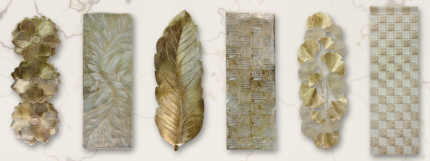 Six North India Company table runners side by side on white marble
