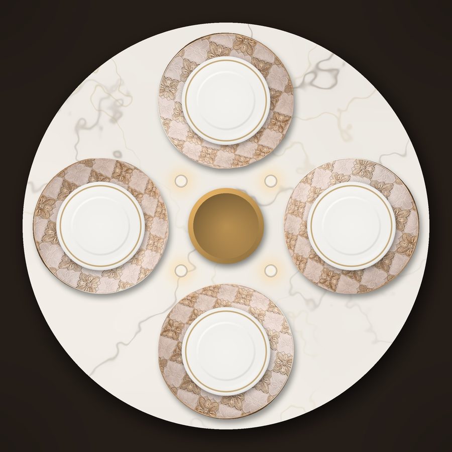 Overhead view of a round table set for four with Sheesh Mahal placemats