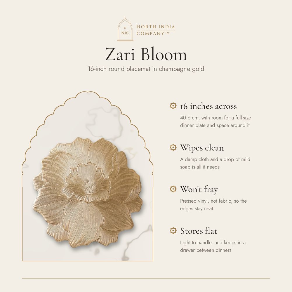 Zari Bloom features: 16 inches across, wipes clean, won't fray, stores flat